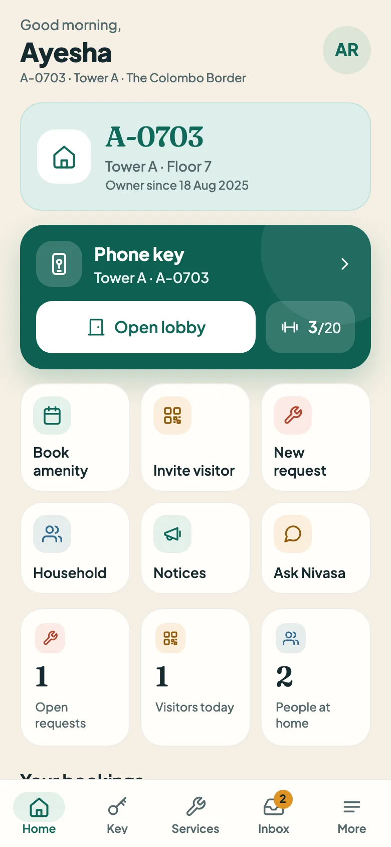 Owner home screen: phone key with an Open lobby button, and shortcuts to book an amenity, invite a visitor or raise a request.