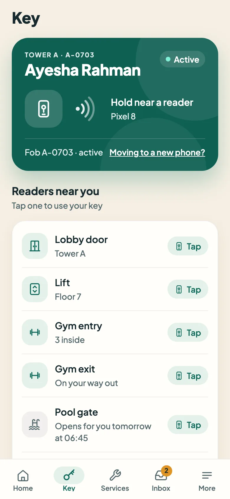 Phone key screen listing nearby readers (lobby door, lift, gym, pool gate) with a Tap button for each.